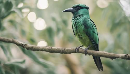 An exotic bird with sage green plumage sitting on a branch.
