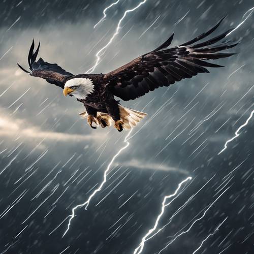 A majestic eagle soaring through a storm under black lightning.