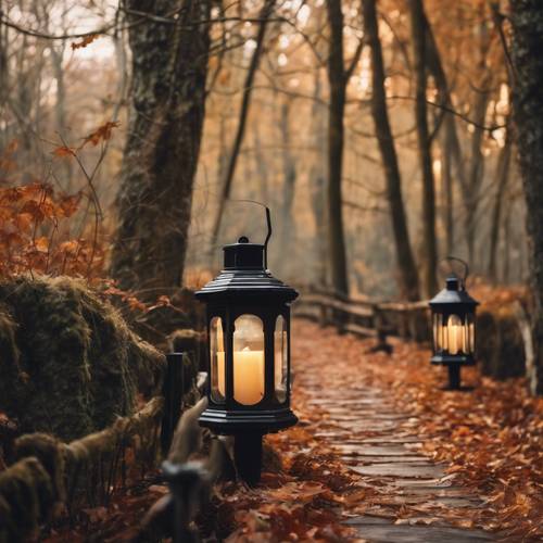 Rustic lanterns illuminating a path through an enchanted woodland in late autumn. Tapet [089626991d064395ad14]