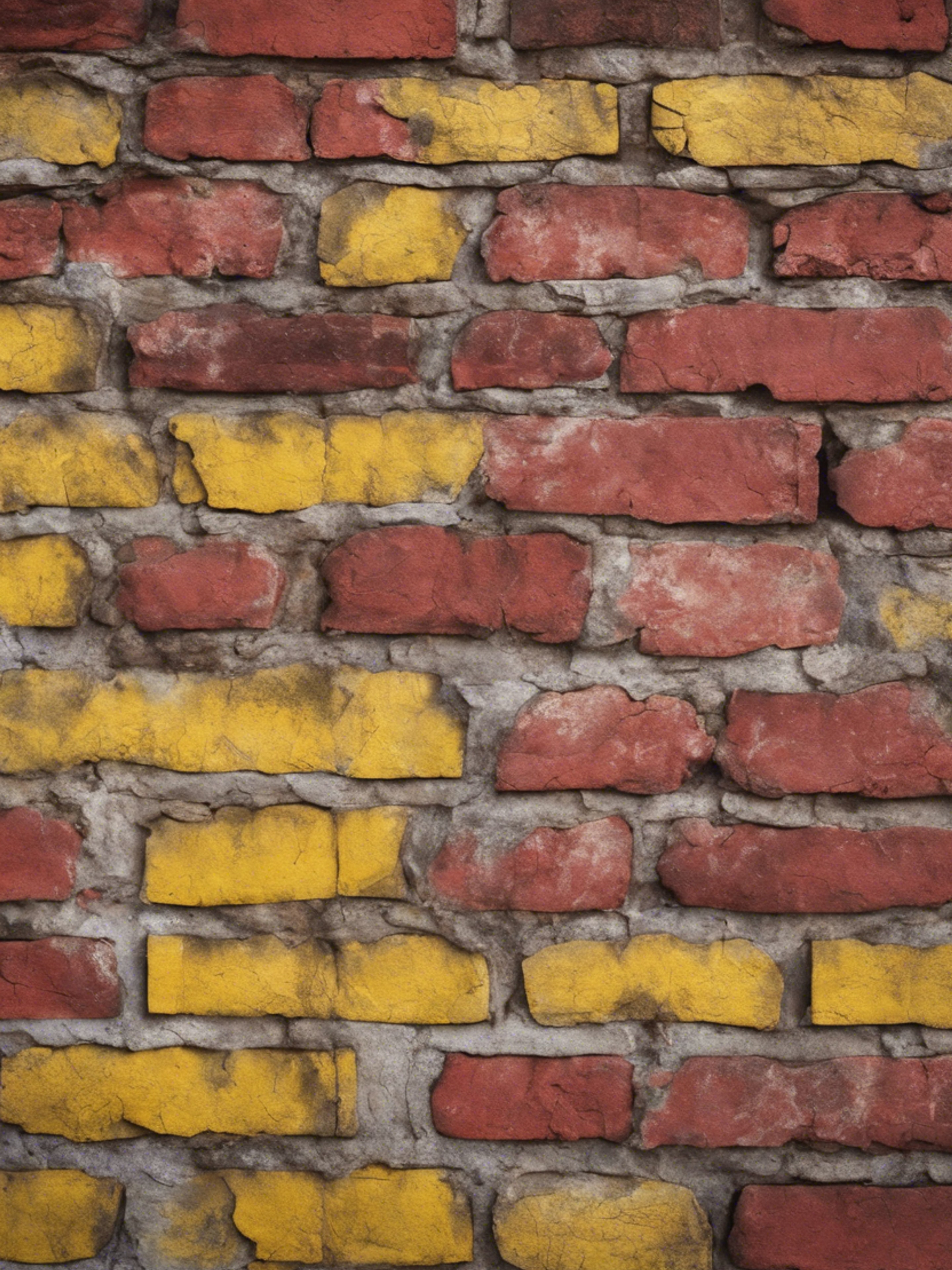 A weathered wall showing an aged interpretation of red and yellow brick pattern. Tapet[9de1dc722d5f4301b6ed]