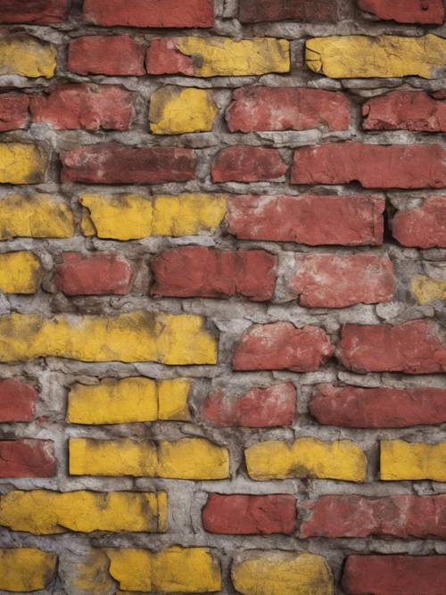 빨간색과 노란색 벽돌 패턴의 오래된 해석을 보여주는 풍화된 벽입니다.