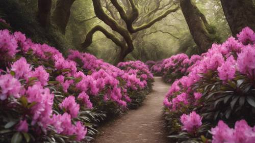A secluded path lined with blooming rhododendrons.