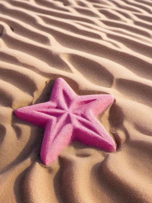 Una escultura de arena rosa en forma de estrella en una hermosa playa soleada, con suaves olas que llegan a su base.