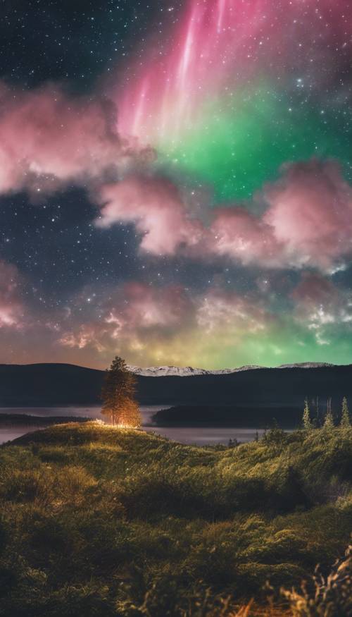 A whimsical night sky, with the northern lights casting an ethereal glow.