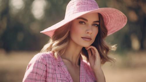 An elegant woman wearing a pink plaid dress with a sun hat