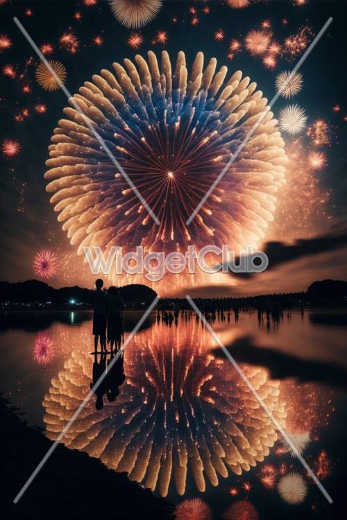 Stunning Fireworks Display Over Water Reflection Sfondo[c034282cf35b474691dd]