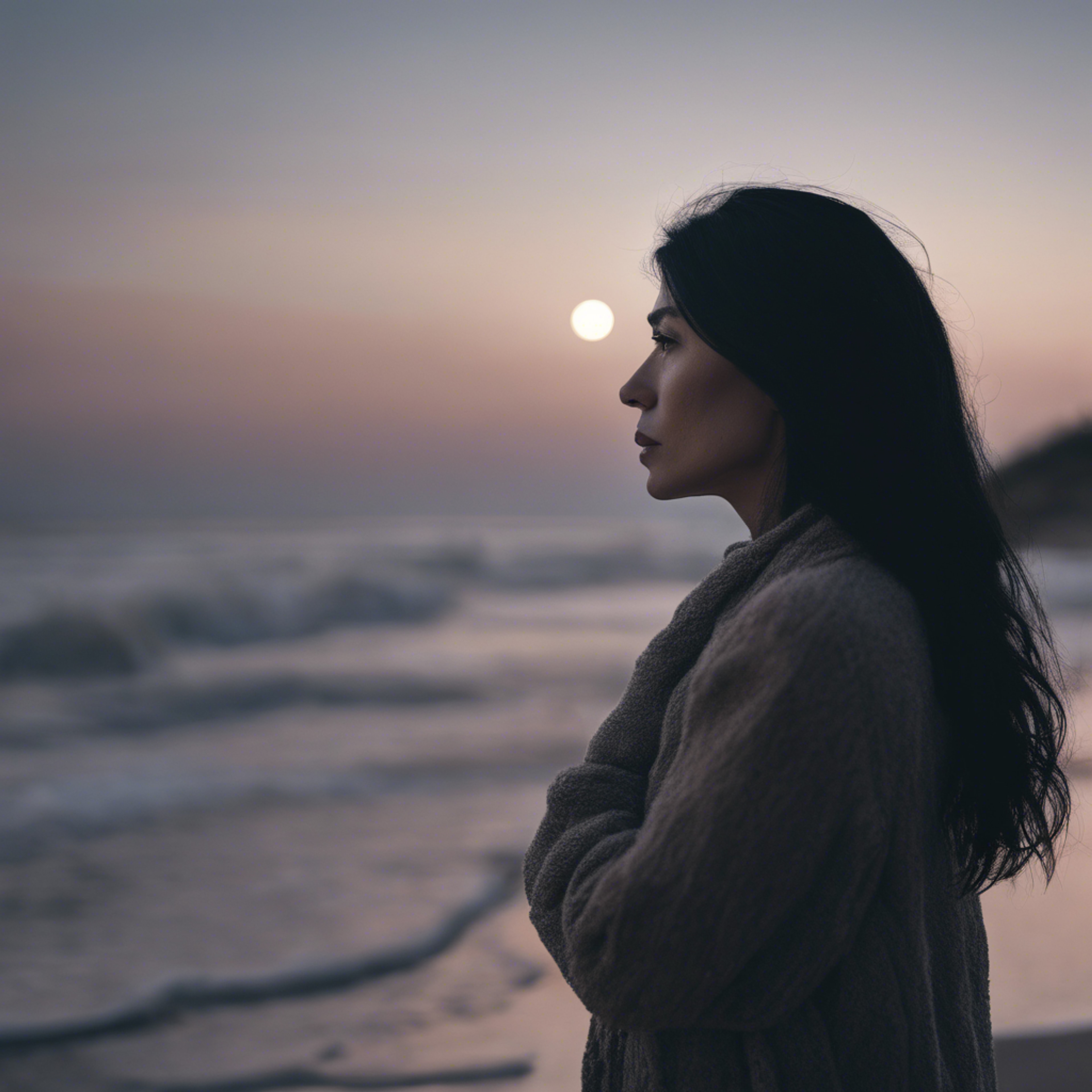 A mysterious women with graying black hair contemplating at a moonlit beach. Wallpaper[20ae0a0f0d9247969335]