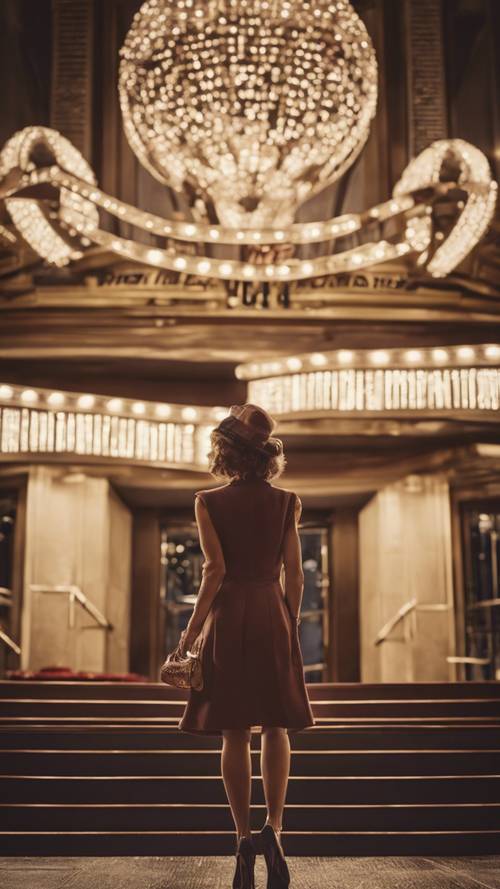 A woman in a classic Hollywood glam look exiting a grand theater, greeted by adoring fans and star-struck paparazzi. Tapeta [1ef0408a79b24ebe9d02]