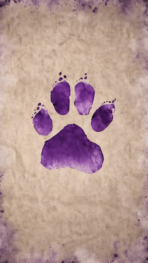 A paw print stamped onto a thick piece of parchment paper in royal purple ink.