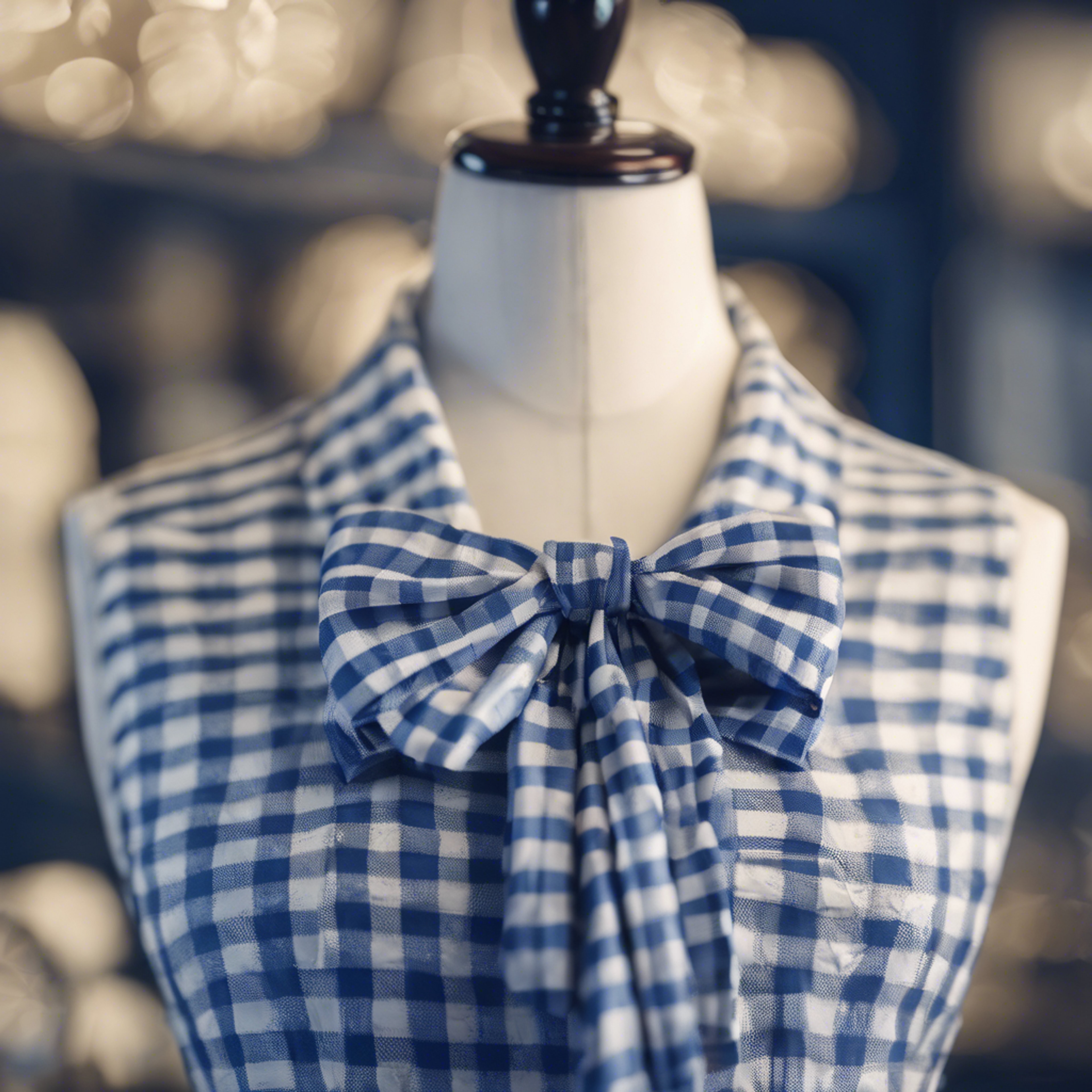 A preppy style blue and white chequered dress with a neatly tied bow on a mannequin.” Валлпапер[2cff79e4d79d40c780d3]