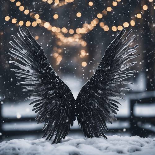Black feathered angel wings contrasting starkly with the snowfall in a spiritual Christmas scene.