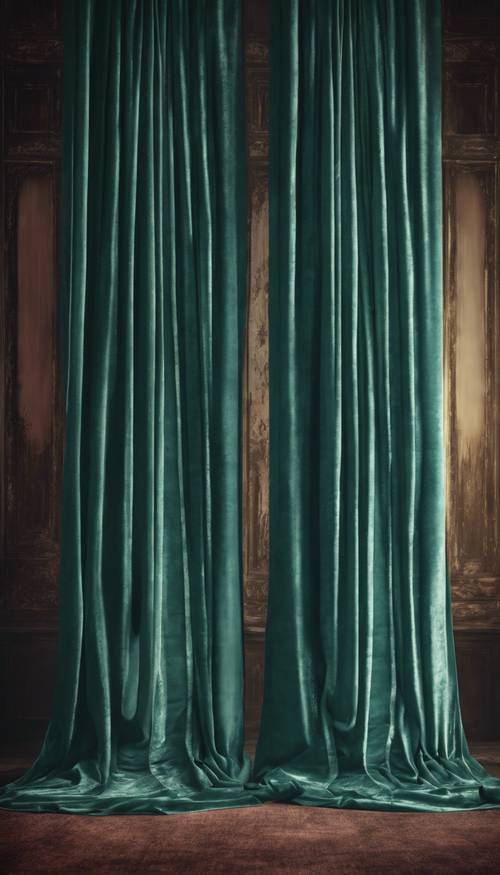 Vintage teal velvet theater curtains drawn apart.