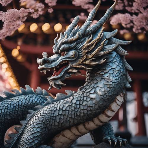 Un ancien dragon japonais protégeant le palais impérial sous le ciel étoilé.