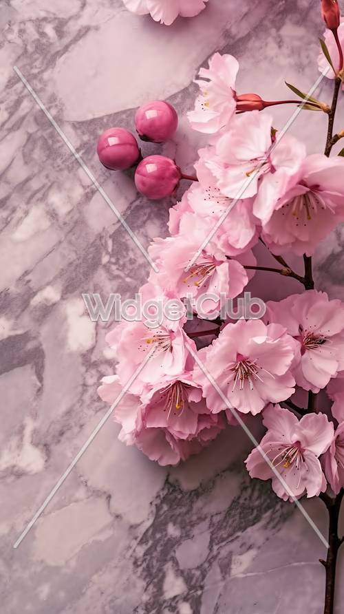 Pink Cherry Blossoms on Marble Surface