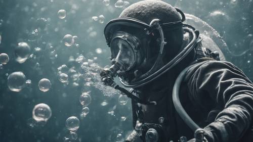 A deep-sea diver with bubbles transforming into smokey grey tendrils as they ascend.