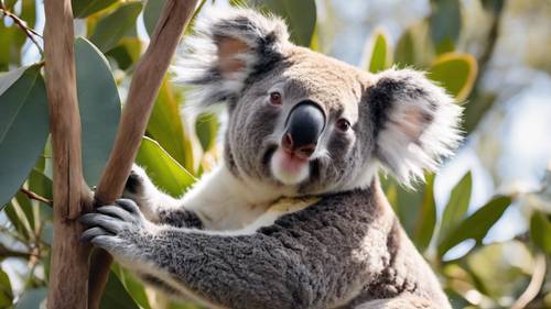 A solitary koala contentedly munching on green eucalyptus leaves while perched on a branch under the midday sun.