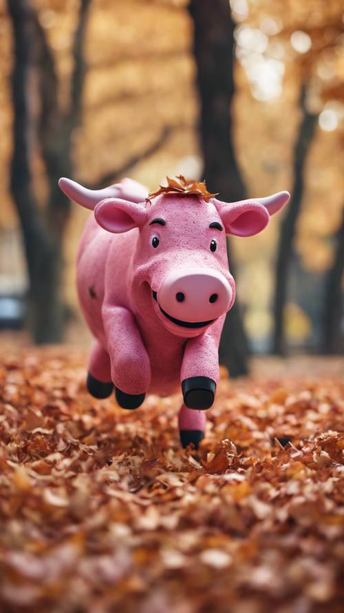 Autumn scene featuring a happy pink cow jumping in a pile of fallen leaves.