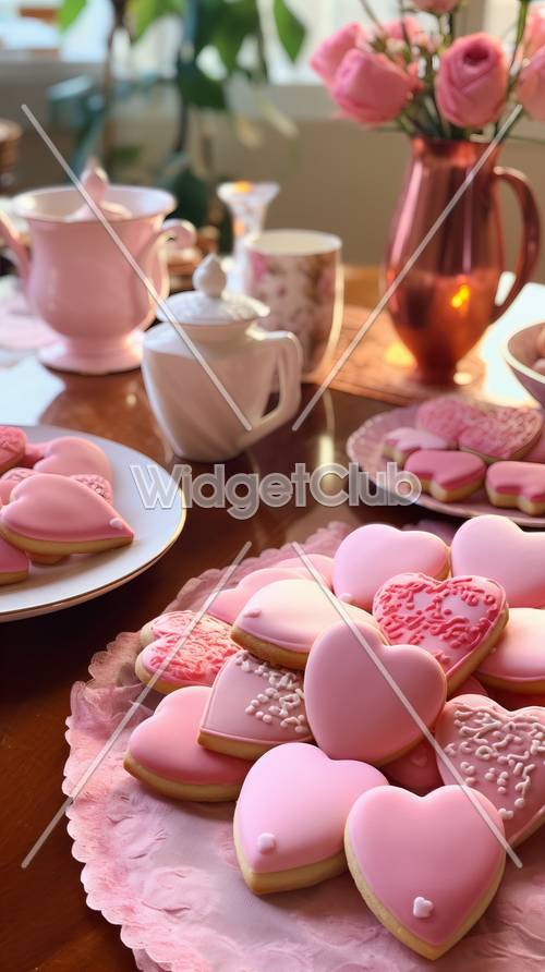 עוגיות לב צבעוניות וקנקן תה על השולחן