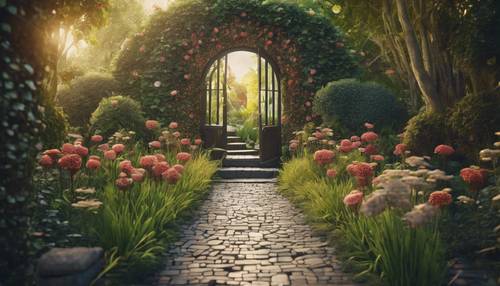 Un camino de mosaico que conduce a la puerta secreta de un jardín escondido.