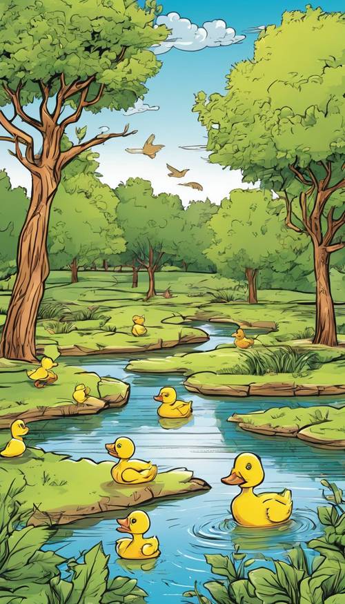 公园里阳光明媚的一天的卡通风景，小鸭子在池塘里游泳。