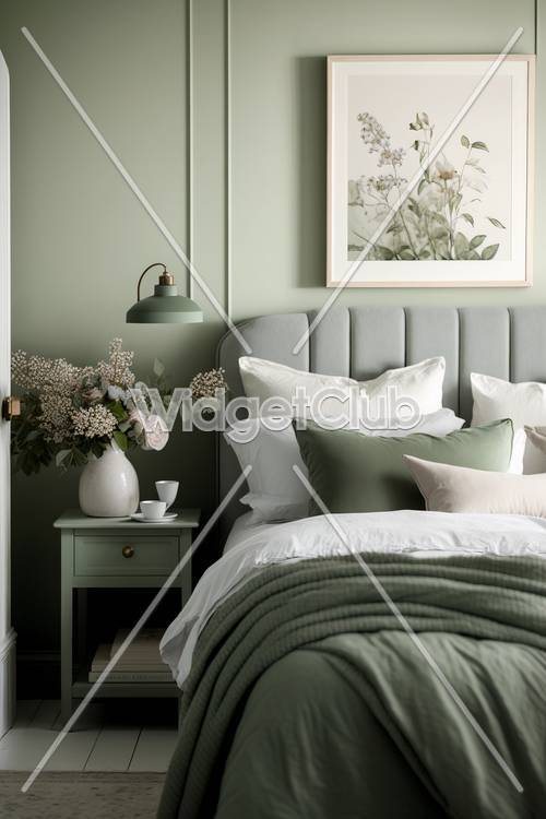 緑色と花模様が特徴の居心地の良い寝室