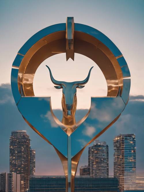 Innovative urban architecture in the shape of a Taurus symbol set against a dusky blue evening sky.
