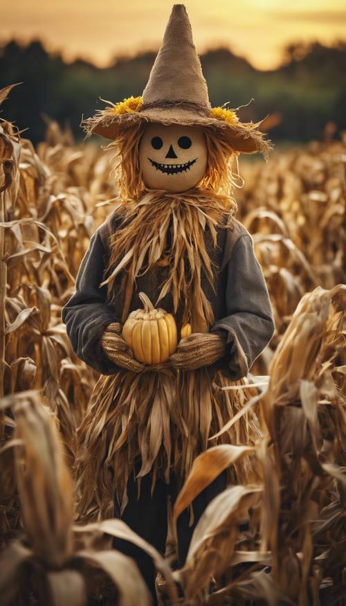 A laughing scarecrow surrounded by mischievous yet friendly corn fairies, all protecting a golden harvest under the magic-filled twilight.