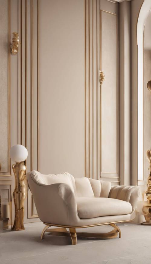 Pokój urządzony w eleganckim, minimalistycznym stylu, z elementami w kolorze beżu i złota.