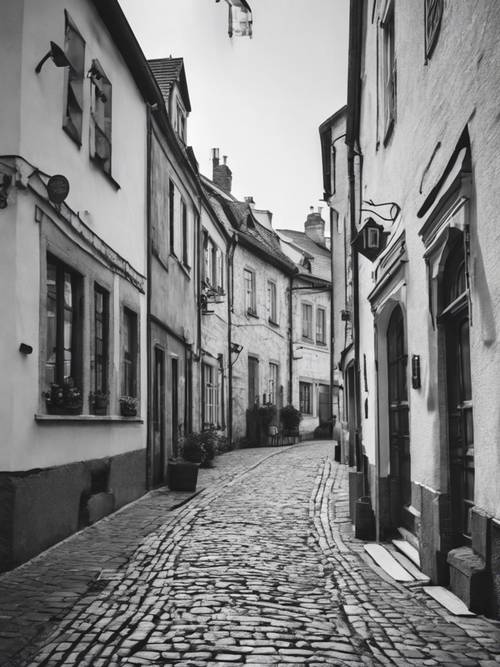 Hình ảnh đen trắng chụp những con đường hẹp lát đá cuội trong một thị trấn châu Âu cổ với dãy cửa hàng và quán cà phê cổ kính.