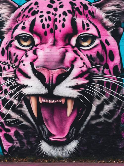 Miejska grafika ścienna z graffiti przedstawiająca innowacyjną reprezentację nadruku różowego geparda.