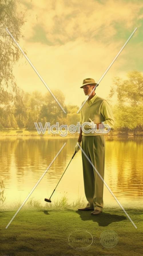 绅士在湖边享受宁静的钓鱼时光