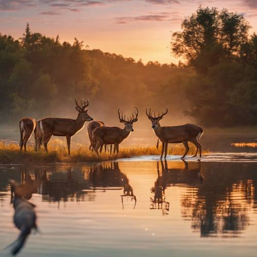 Vibrant sunset on a serene lake's edge, filled with a gentle herd of deer quenching their thirst.