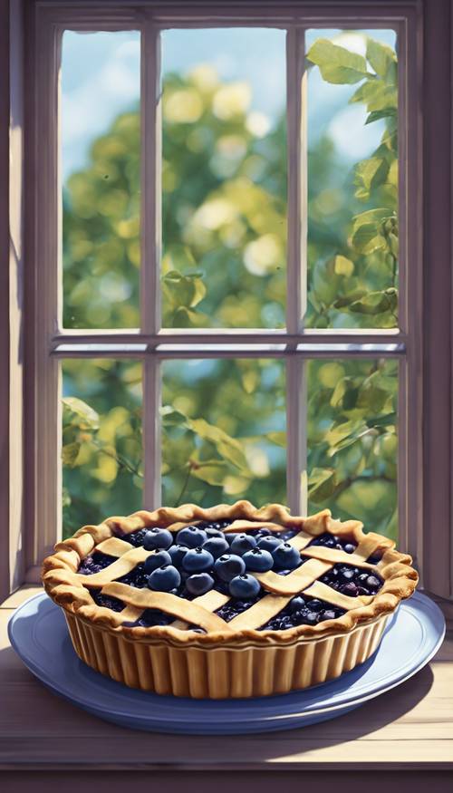 Una ilustración caprichosa de un pastel de arándanos enfriándose en el alféizar de una ventana.