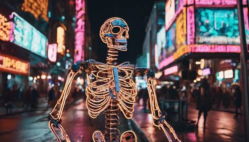 A luminous skeleton made of neon signs in a bustling city night scene.