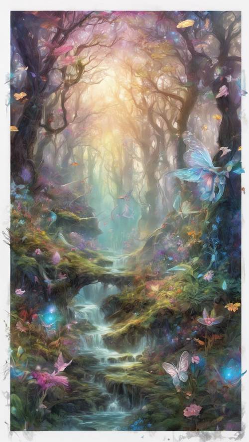 A mystical forest with unnatural, multi-colored flora, and magical fairies flitting about in the fantasy landscape.