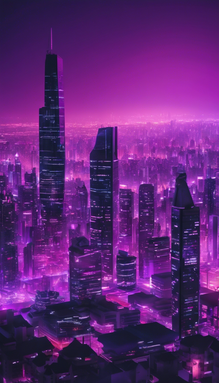 A neon purple city skyline glowing in the night highlighted by it's unique architecture. Wallpaper[9503a16ac52f49f8b682]