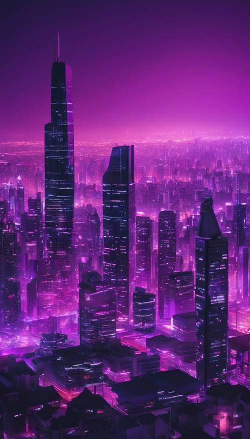 Um horizonte de cidade roxo neon brilhando à noite, destacado por sua arquitetura única.