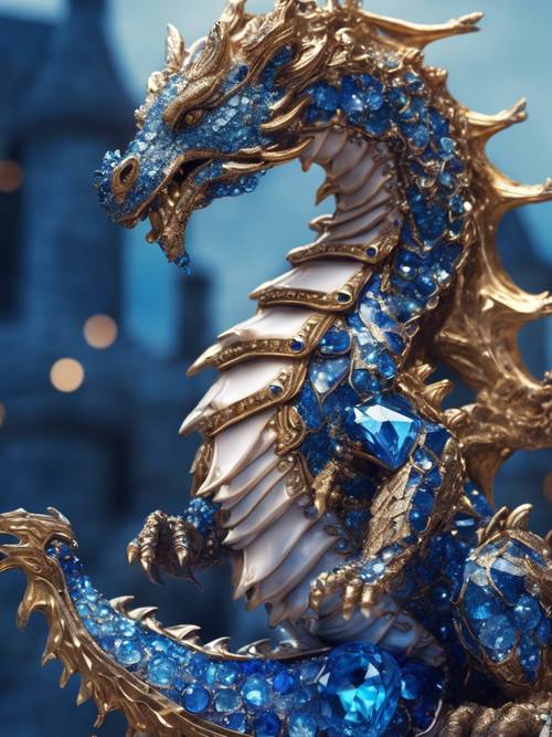 Um dragão feito de safira cintilante, guardando um castelo de pedras preciosas brilhantes.