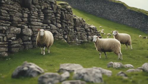 A pastoral scene in a Celtic land where sheep graze on a grassy knoll, secluded by a craggy stone wall.