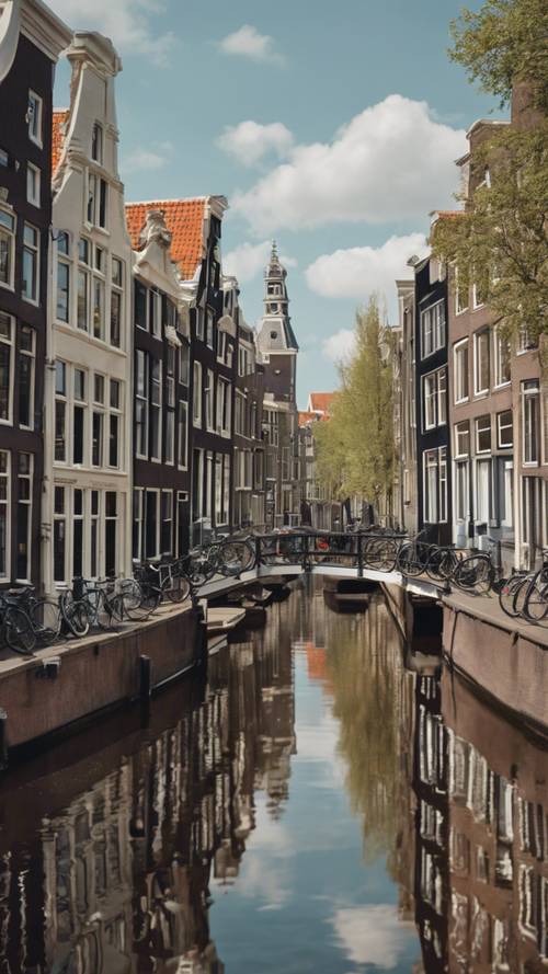 Spokojna panorama Amsterdamu opowiadająca historię kanałów i uroczych domów ze szczytami.