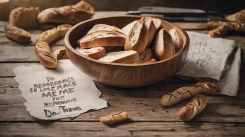 A wooden bowl filled with bread pieces on a worn out table, the words 'Do this in remembrance of me' scribblied on the table.