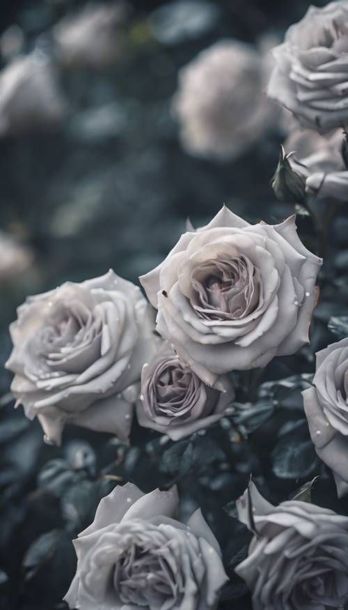 A Victorian-style garden overflowing with robust gray roses under the silver moonlight.