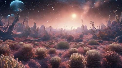 An alien landscape with strange flora and fauna, an anime quote appearing in the constellation of an alien sky.