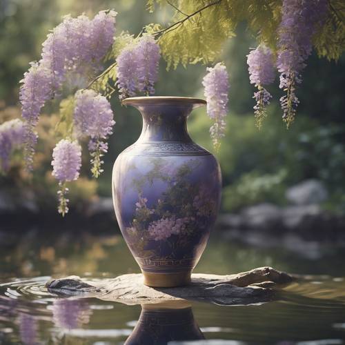 Um delicado vaso chinês pintado com flores de glicínias penduradas sobre um pequeno lago.