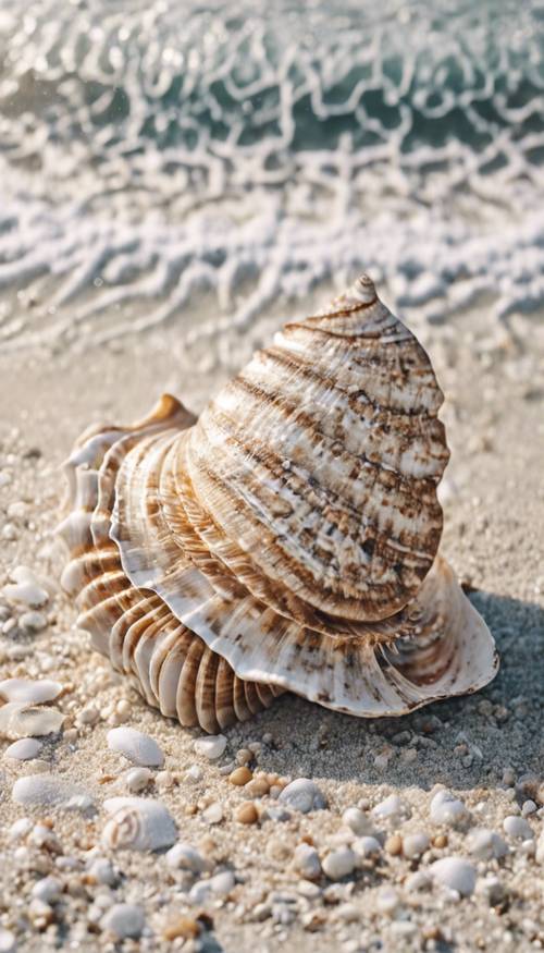 Depict a large, intricately patterned seashell washed up on a white beach. Tapeta [ebf25e34a70c4b7ab554]