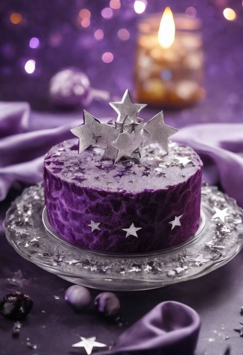 유리 접시에 은색 아이싱 별이 있는 보라색 벨벳 케이크.