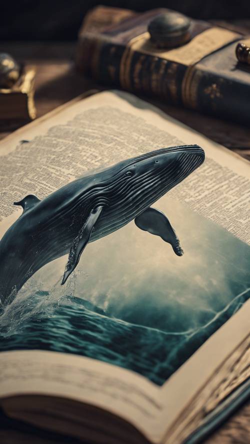 Zdjęcie przedstawiające emocjonalny moment wieloryba dźgniętego włócznią, ze starej księgi przygód morskich.
