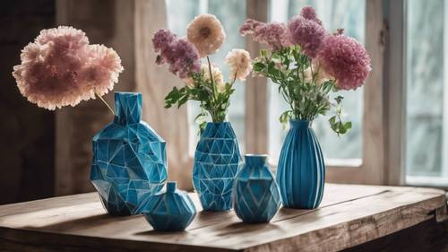 A still life scene of geometric blue vases with flowers on a vintage wooden table.