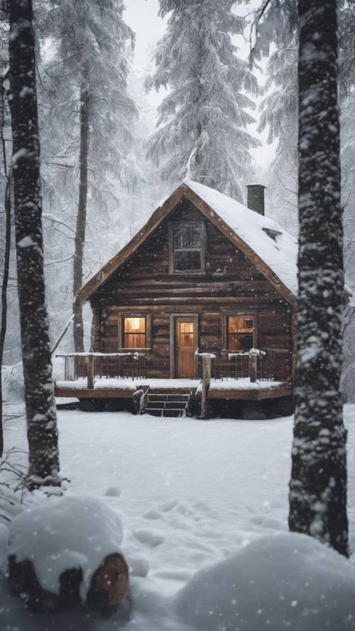 An old rustic wooden cabin nestled in the midst of a dense snowy forest during a peaceful snowfall.