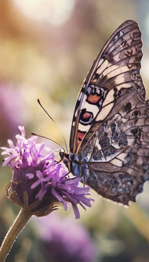 Kanatlarında vintage mor desenler olan bir kelebek, bir bahçe çiçeğinin üzerine tünemiş.